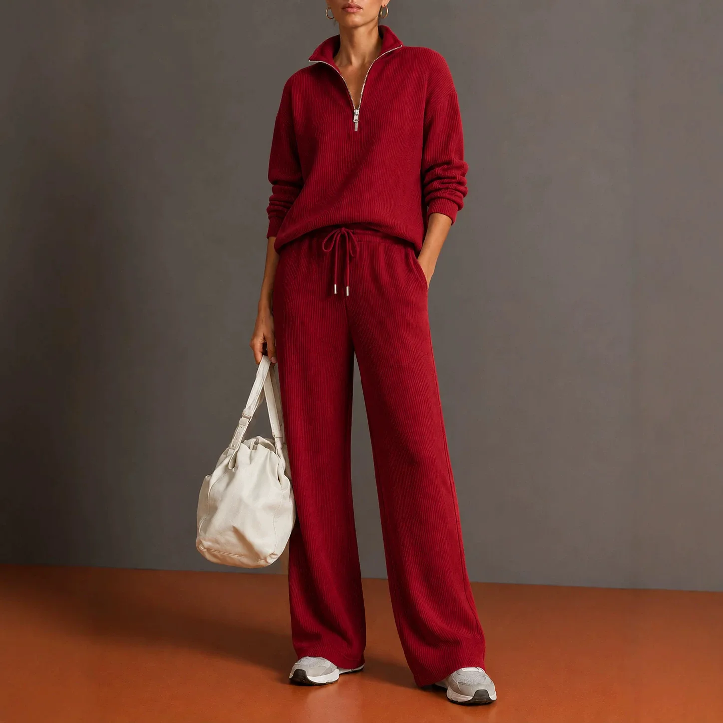 2026 Autumn Winter Ladies Sportswear Set Zipper Wide Leg Pants Halved High Collar Women's Fashion Casual Outfit Ensemble view 4