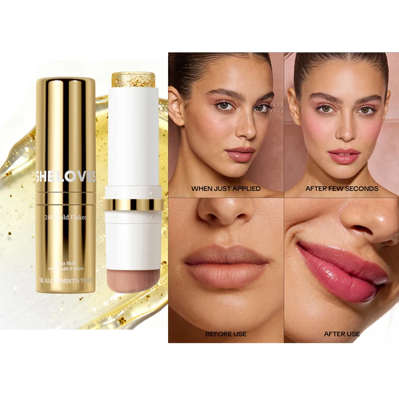 Barra de Rubor Multicolor para Labios y Mejillas, Mejora la Complexión, Hidratante, Barra de Rubor Mágica Multiusos con Brocha de Maquillaje