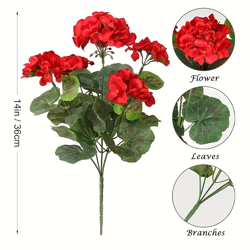 Pack UV Resistant Artificial Geraniums - Lifelike Outdoor Silk Flowers for Gardens, Durable Bushes Perfect for , Wedding & Kitch