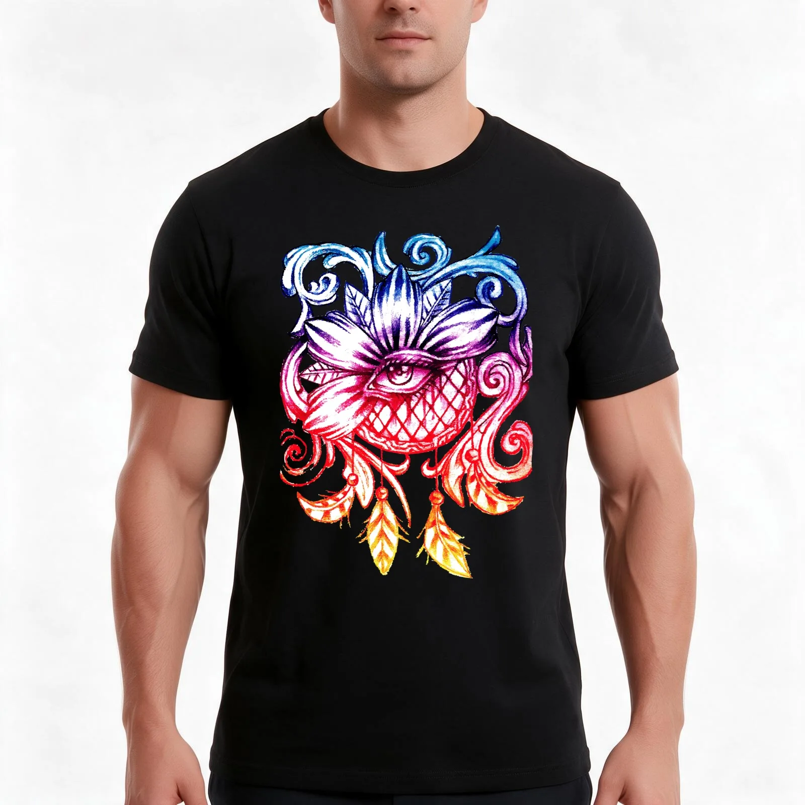 Dream Catcher Eye Flower T-Shirt, Summer Casual Cotton Tee, Oversized Streetwear Tops, Vintage Graphic Print, Unisex Men Women