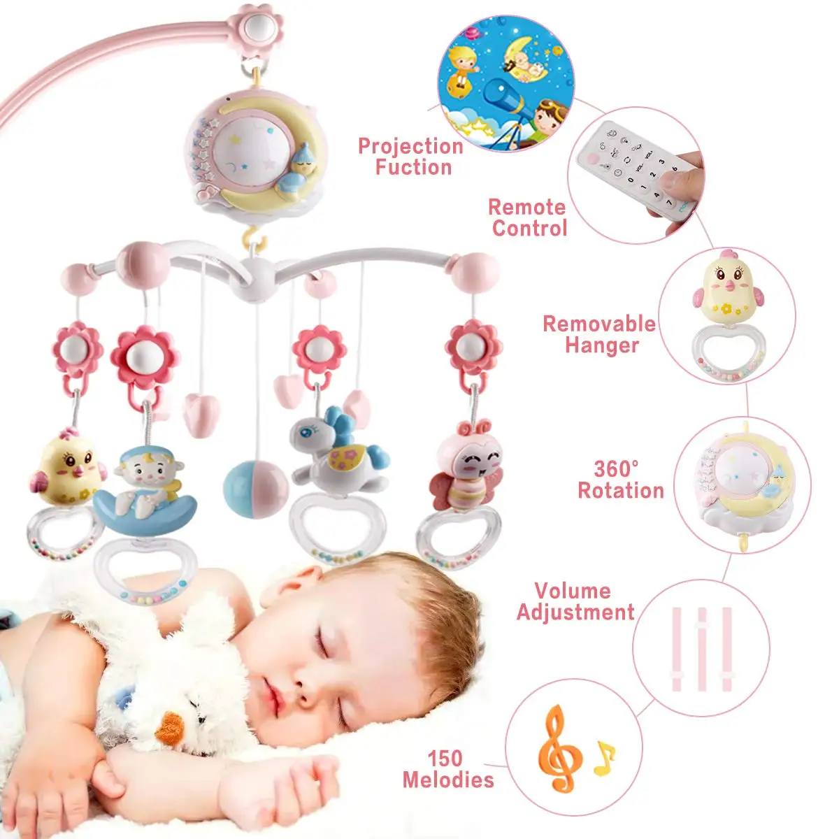 Baby Musical Crib Mobile with Projector and Lights Hanging Rotating Rattles and Remote Control Music Box for Infants 0-18 Months