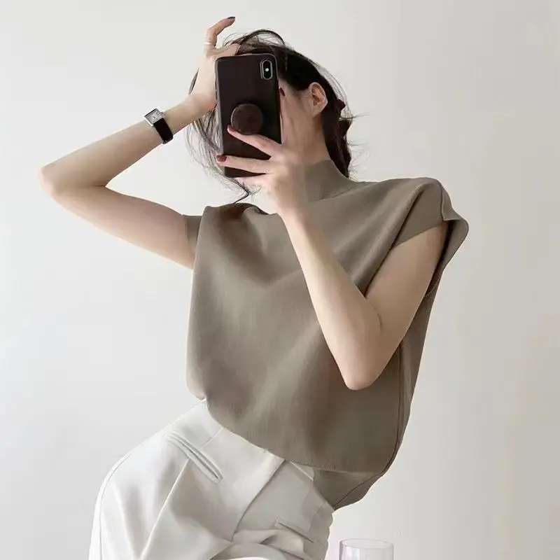 

Semi-turtleneck knitted vest women's summer thin vest loose outer wear versatile short-sleeved T-shirt top