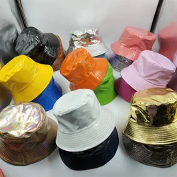 Colorful Shiny Leather Two Sided Fisherman Hat Women's and Men's Hip Hop Summer Sunshade Hat Foldable Bucket Hat