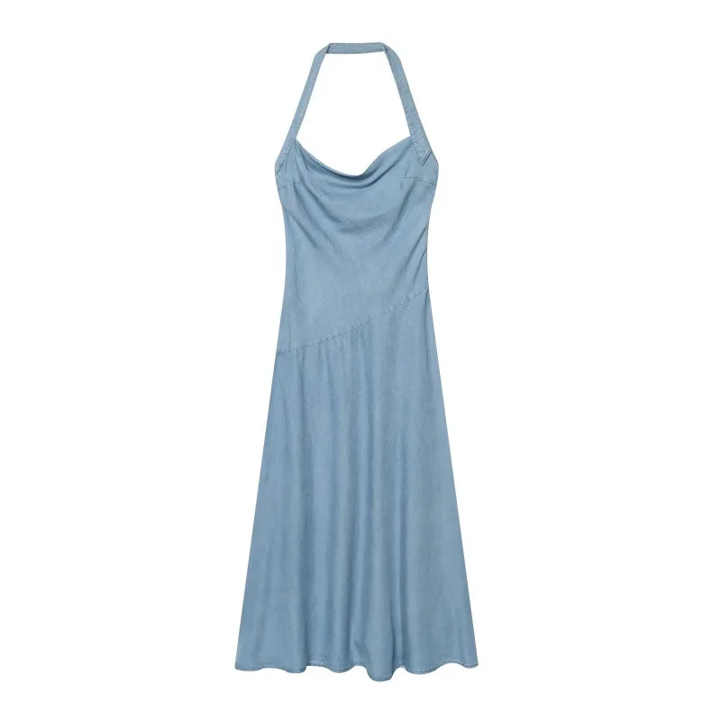 

Withered Sexy Backless Denim Asymmetrical Halter Dress Woman Clothes Dress Elegant Party Dresses Vestidos Women's Dress