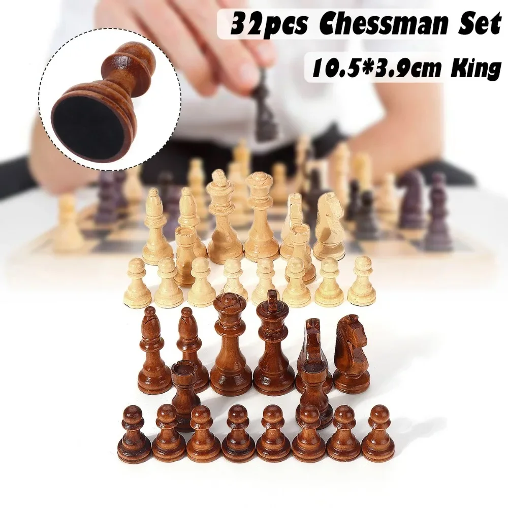 32 Piece Wooden Carved Chess 10.5cm King Chessman Hand Crafted Set Outdoor Entertainment Toy