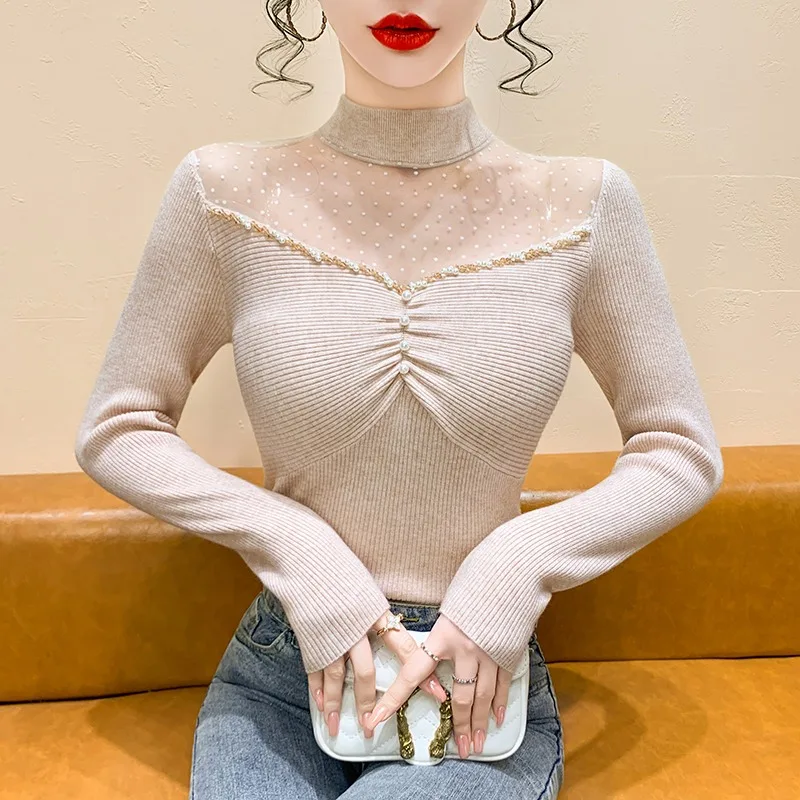 เสื้อสเวตเตอร์ไหมพรมทรงเข้ารูป แขนยาว สไตล์ฝรั่งเศส สำหรับผู้หญิง ประดับมุก ตกแต่งด้วยผ้าคลุมคอสูง เหมาะสำหรับฤดูใบไม้ร่วงและฤดูหนาว
