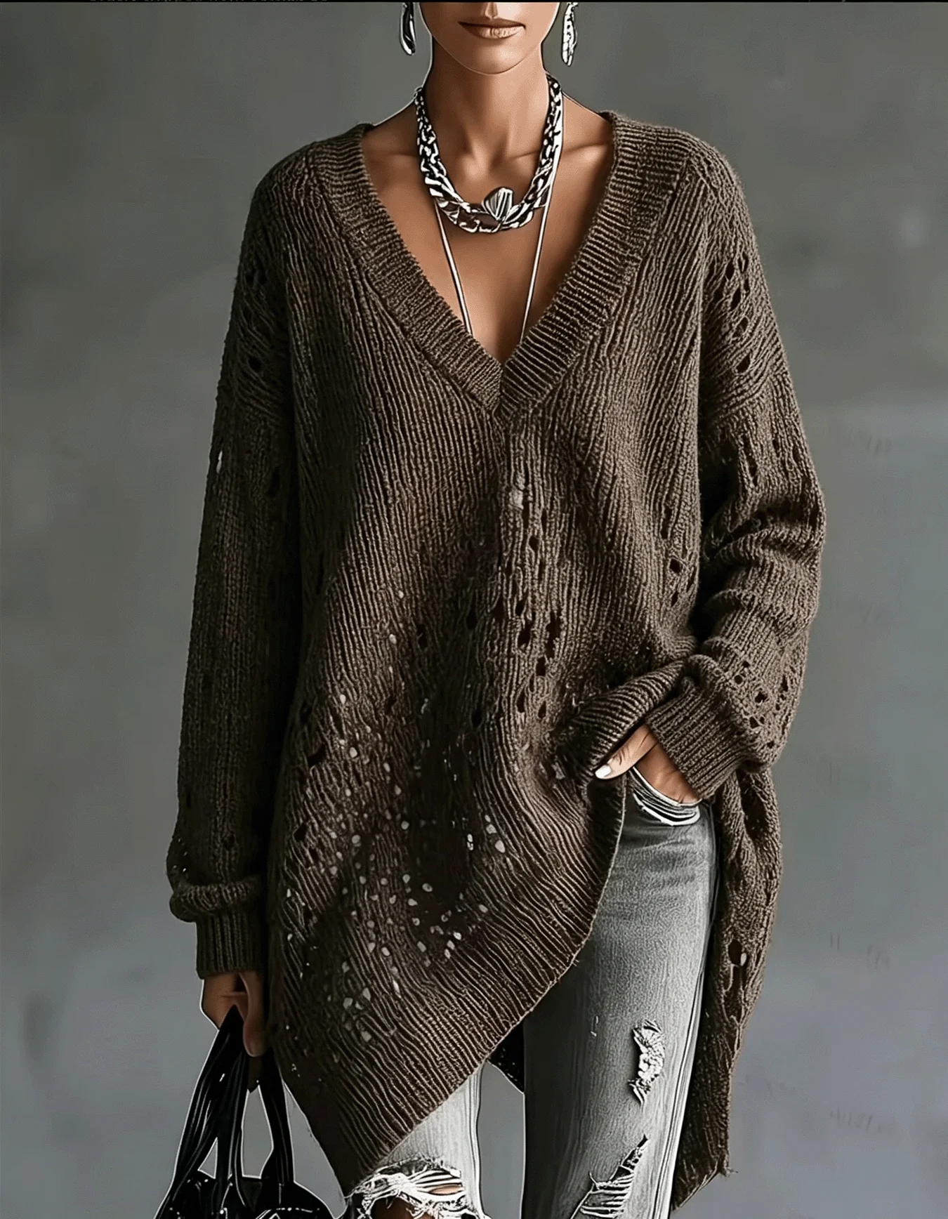 Women's V-Neck Sweater Dress, Casual Loose Fit Openwork Pullover Long Top, Comfortable Autumn Long Sleeve Shirt