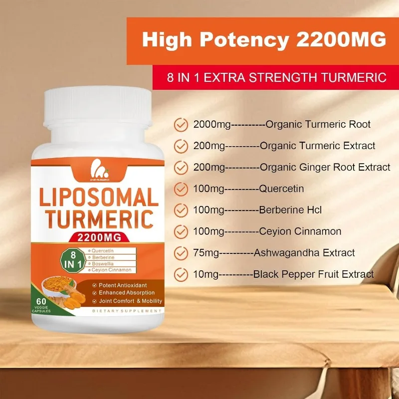 

2200mg liposome curcumin supplement containing black pepper and ginger, can enhance absorption for joint support in 60 capsules