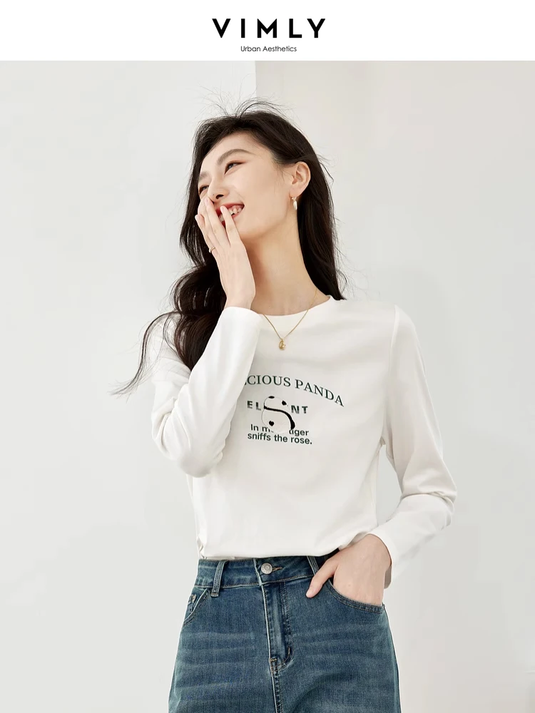 Vimly Casual Round Neck Tshirt Woman Spring Letter Printed Straight Women's Long Sleeve Top Embroidery Cotton Pullovers M6558