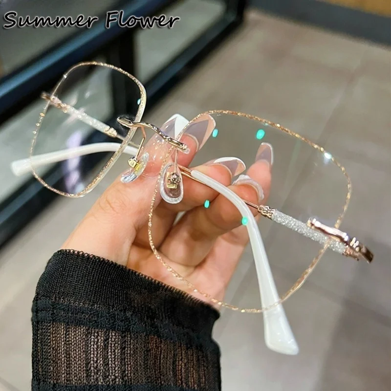 Women Rimless Eyeglasses Frames Titanium Square Lens Glitter Edge Elegant Prescription Glasses Colored Lens Optic Rimless Gafas
