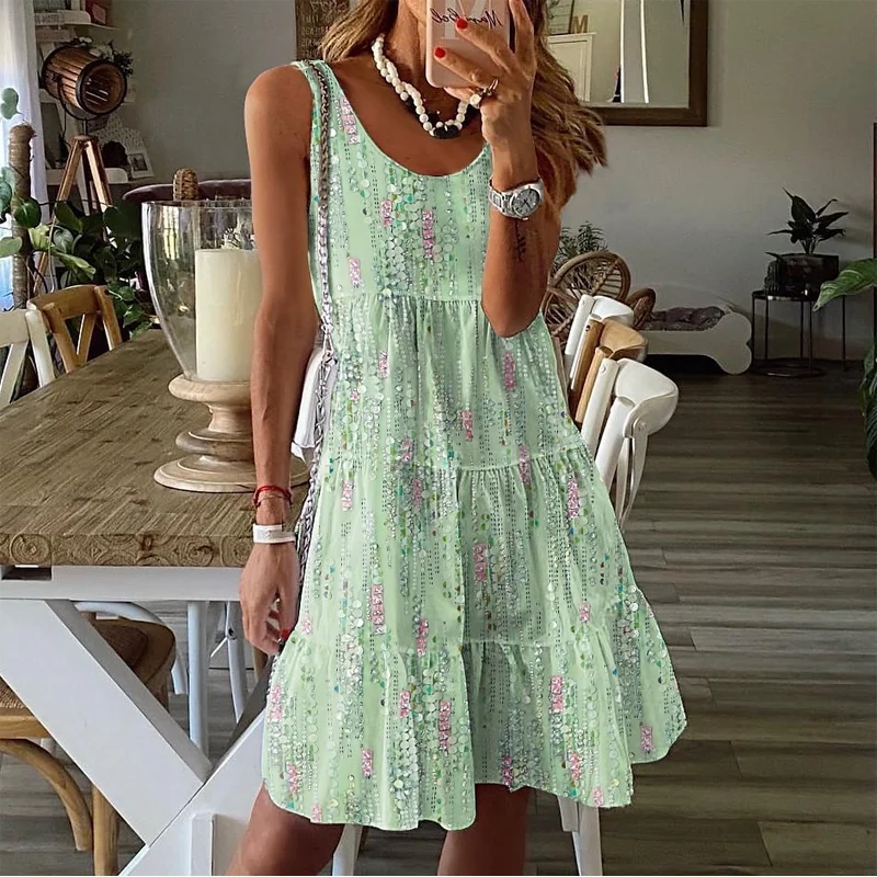 

Women's Spring Summer New Casual Fashion Floral Print Loose Round Neck Sexy Sleeveless Mid Length Camisole Dress