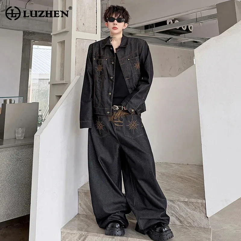 LUZHEN 2026 New Elegant Original Two-piece Sets Men's Fashion Baggy Wide Leg Jeans Male Embroidery Casual Denim Jacket JY8744