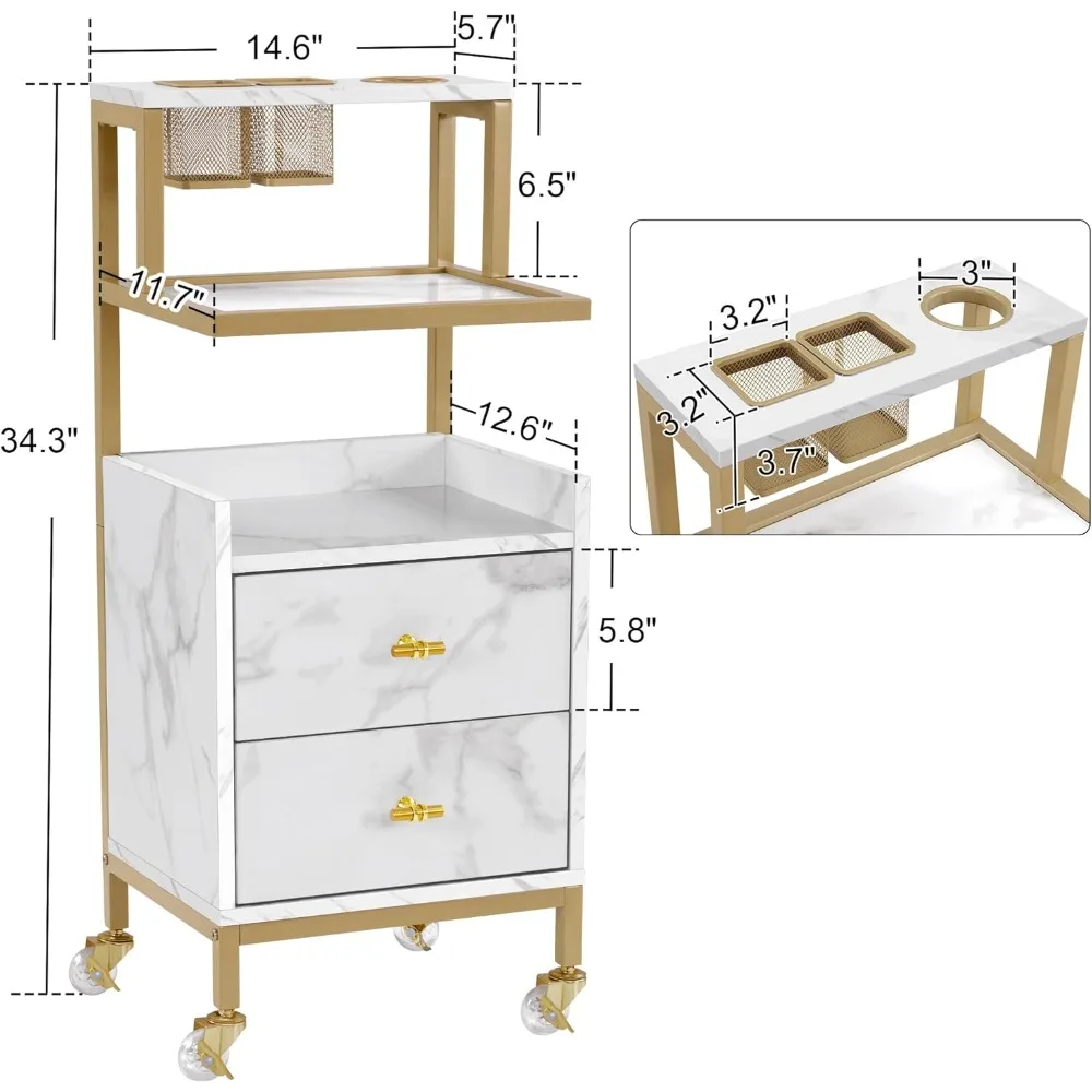 عربة صالون الحلاقة المحمولة مع أدراج تخزين وحامل أدوات معدني وسلة لمعدات صالون التجميل #3