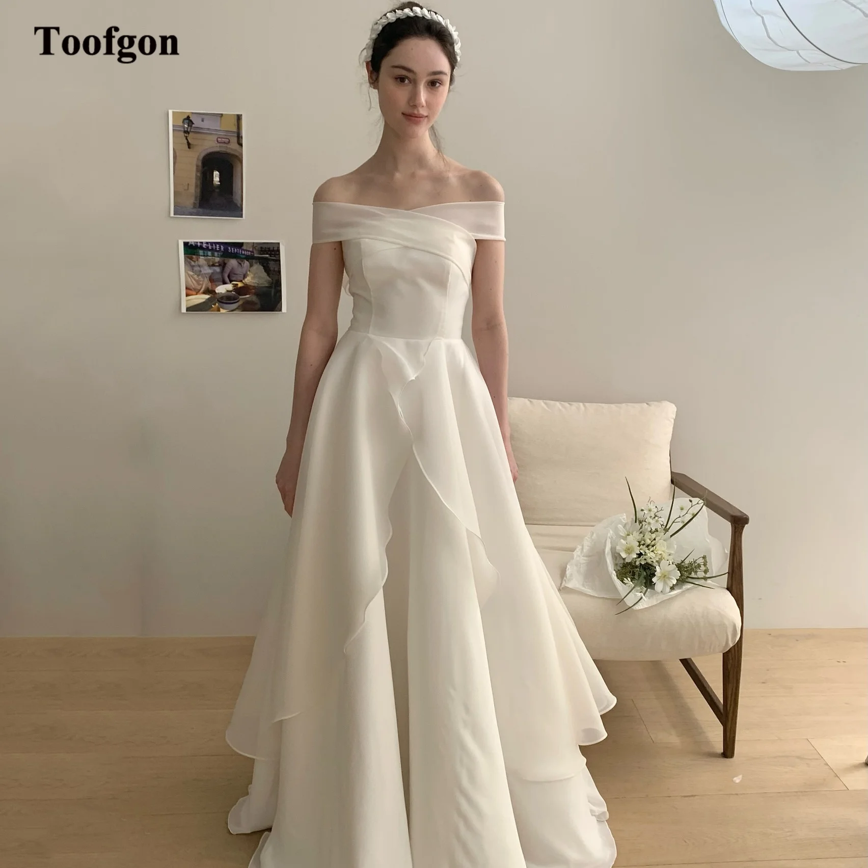 Toofgon Customized Organza Korea Wedding Dresses Strapless or Off Shoulder 2 Styles Bridal Gowns Bride Dress Formal Party Gowns