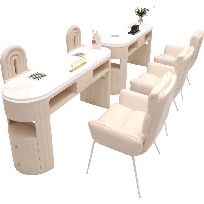 

High-end cream style manicure table and chair set marble desktop with vacuum cleaner socket manicure table