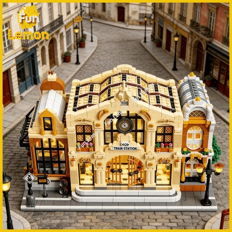 

89140 Train Station Vintage Architecture Bricks Set Urban Streetscape DIY Assembly Educational Construction Toy