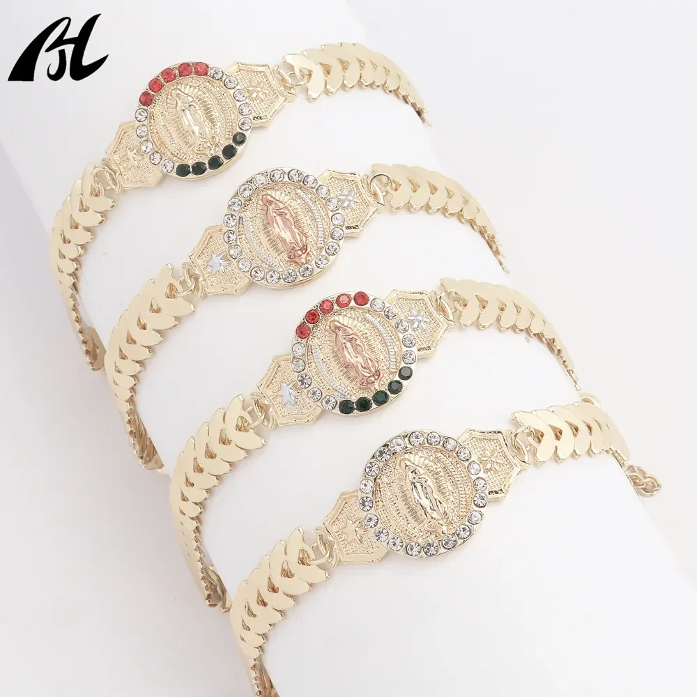 Esclava de Oro Laminado Virgen de Guadalupe Con Rosas Pulsera de Tres Oro Banada en oro Brasileno Esclava 14k Bracelets