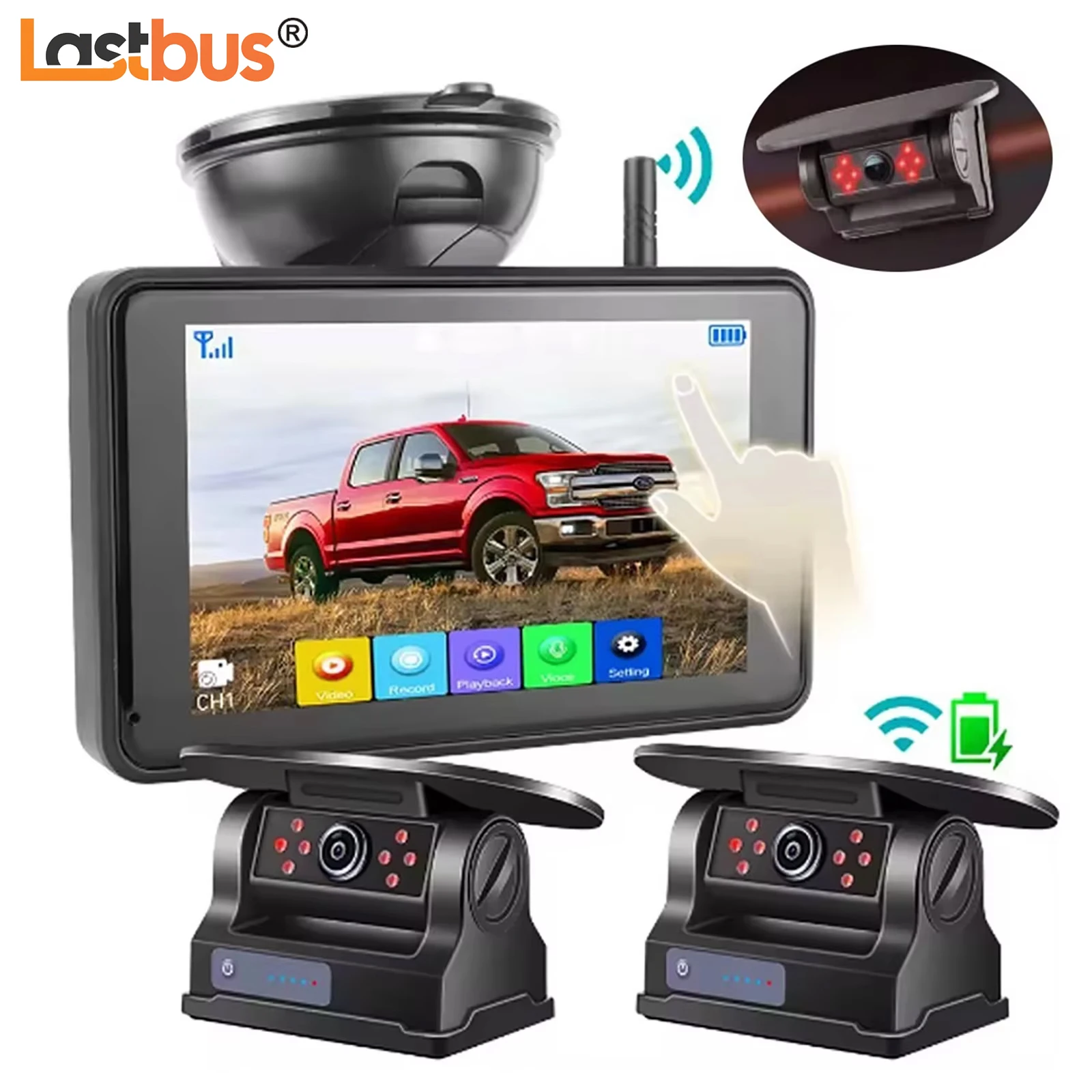 

Lastbus 7'' Touch Screen Monitor DVR BSD With 2x Wireless Magnetic Solar Charging Cameras Night Vision Waterproof Anti-shock