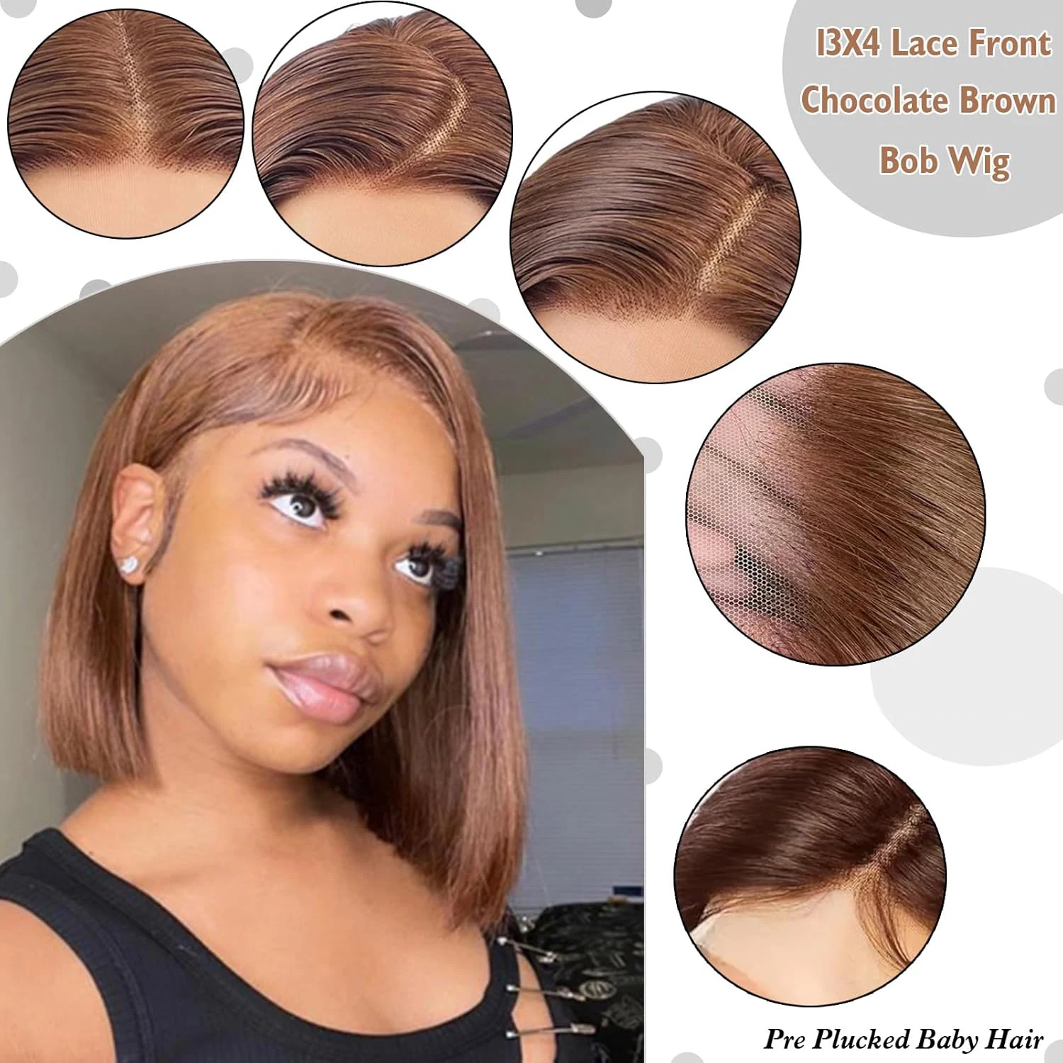 # チョコレートブラウンのストレートショートボブウィッグ人毛13x4レースフロントウィッグ密度200ブラウンストレートショートボブ人毛ウィッグ4個