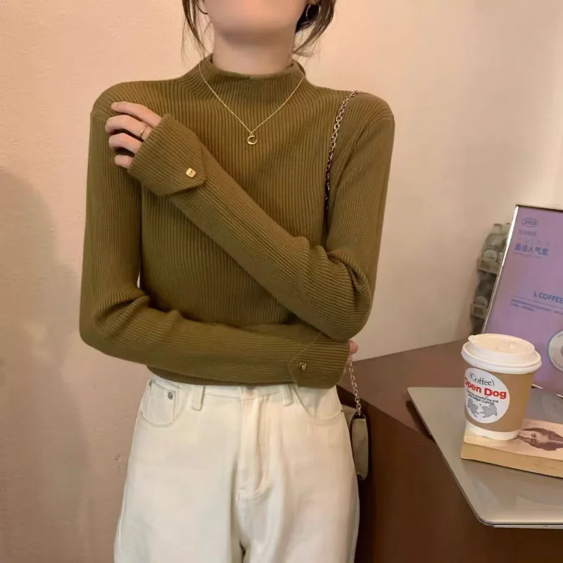 

Autumn and Winter New Semi High Neck Sweater with Long Sleeves, Slim Fit Knit Base Sweater, Women's Outerwear Top