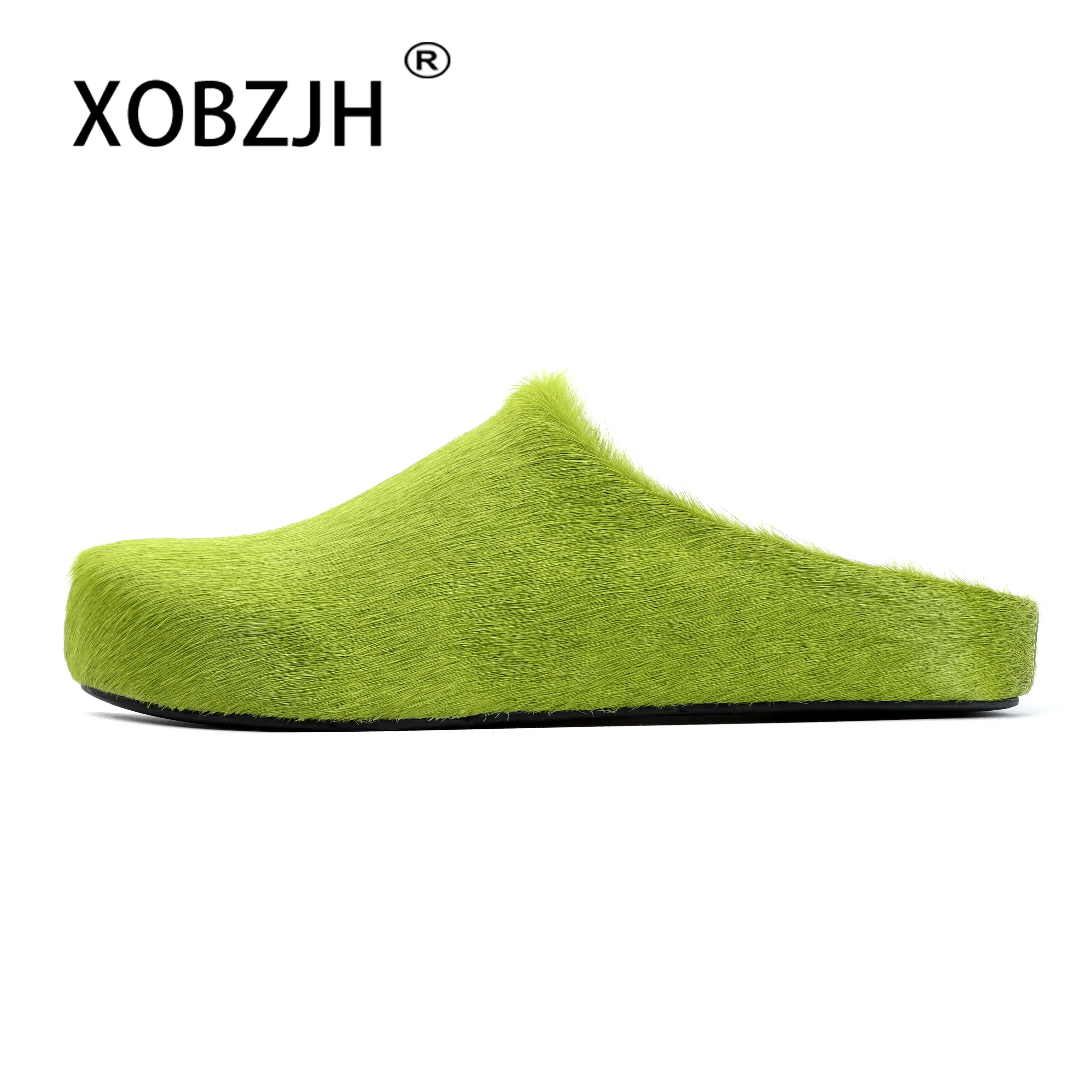 2024 Horsehair Italy Real Leather Slides fur Slippers Women Mule Runway Flats Thick Sole Leisure Luxury Designer Brand Shoes