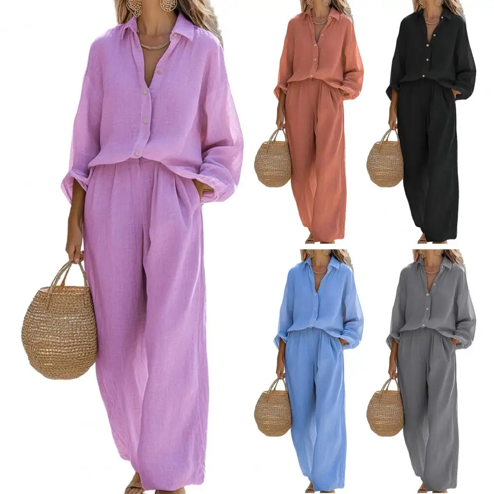 

Two Pieces Set Autumn Vintage Solid Color Long Sleeve Buttons Women Casual Top Loose Pockets Pants Simple Style Commuting Suits