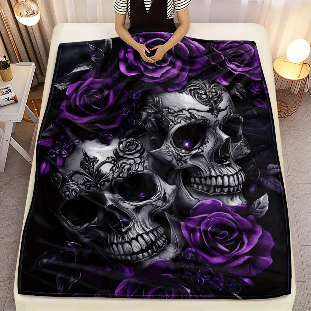 1pc Skulls with Purple Roses HD Print Blanket - Lightweight Flannel Throw for Sofa, Bed, Travel, Living Room, Office, Couch, and