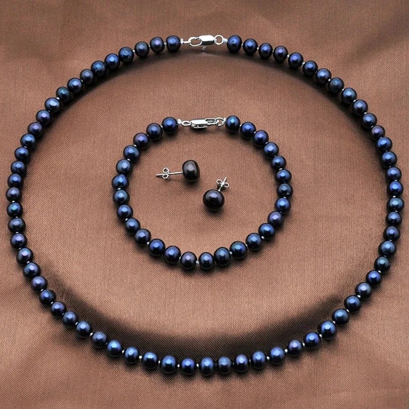 

Genuine Pearl Necklace Sets For Women,Natural Freshwater Black Pearl Necklace Bracelet Earrings Jewelry Sets 8-9mm