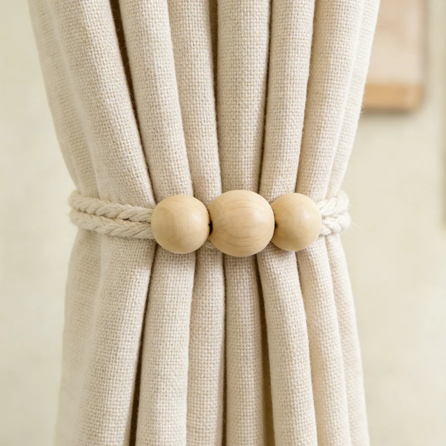 Natural Wooden Bead Braided Cotton Rope Curtain Tiebacks, No Drill Adjustable Curtain Holdback Japandi Minimalist Window Decor