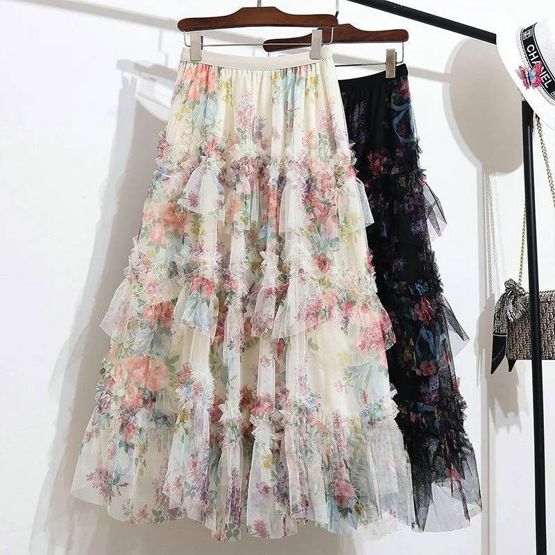 Summer New Style Women's Printed Net Skirt Cake Skirt High Waist Polyester Fabric Casual Lightweight Semi-Body Skirt