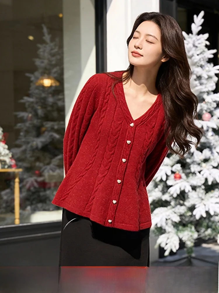 

plus Size Winter Knitted Set V-Neck Long Sleeve Slimming Waist High Waist A-Line Skirt Commute Style Polyester Fiber 2025 New