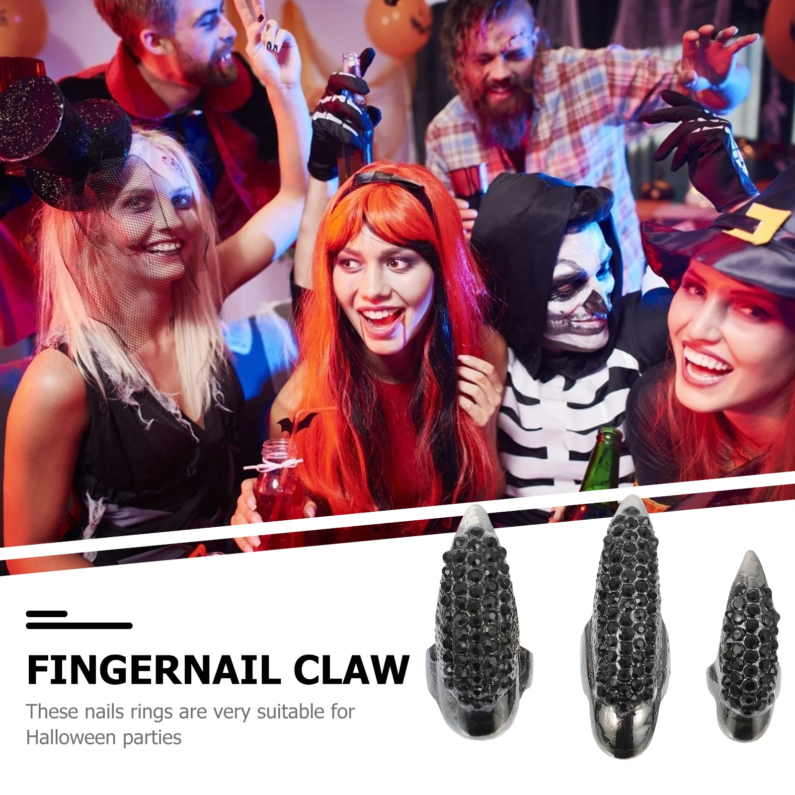 10 szt. Pierścieni na paznokcie w kształcie kocich pazurów z cyrkoniami, gotyckie punkowe pierścienie na paznokcie, akcesoria na Halloween i imprezy kostiumowe