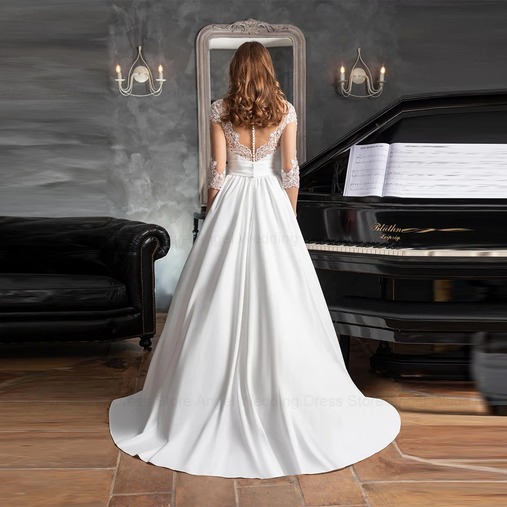 ANGEL Elegant Boho Wedding Dresses For Women 2025 Customized V- Neck Appliques Lace Illusion Button Belt Vestidos De Novia Satin