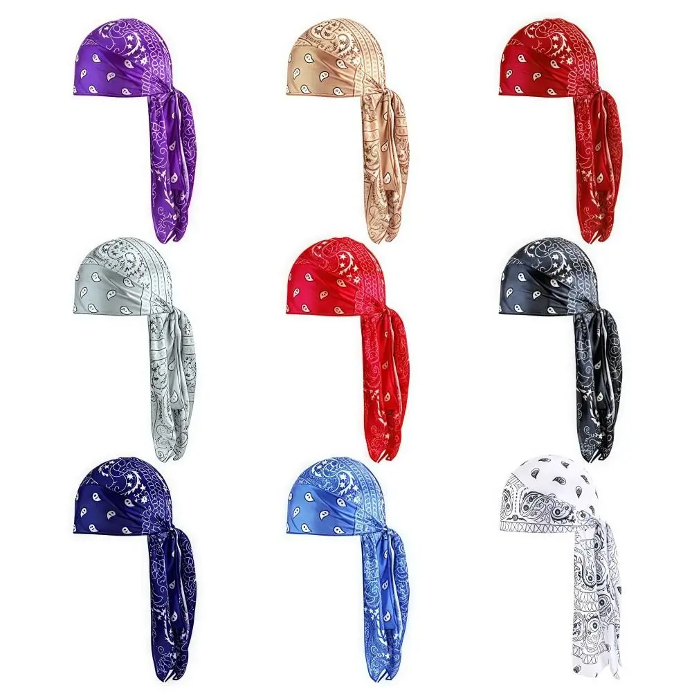 Fashion Amoeba Print Men's Headscarf Breathable Lightweight Long Tail Pirate Cap Wave Print Imitation Silk Hip Hop Hat Outdoor