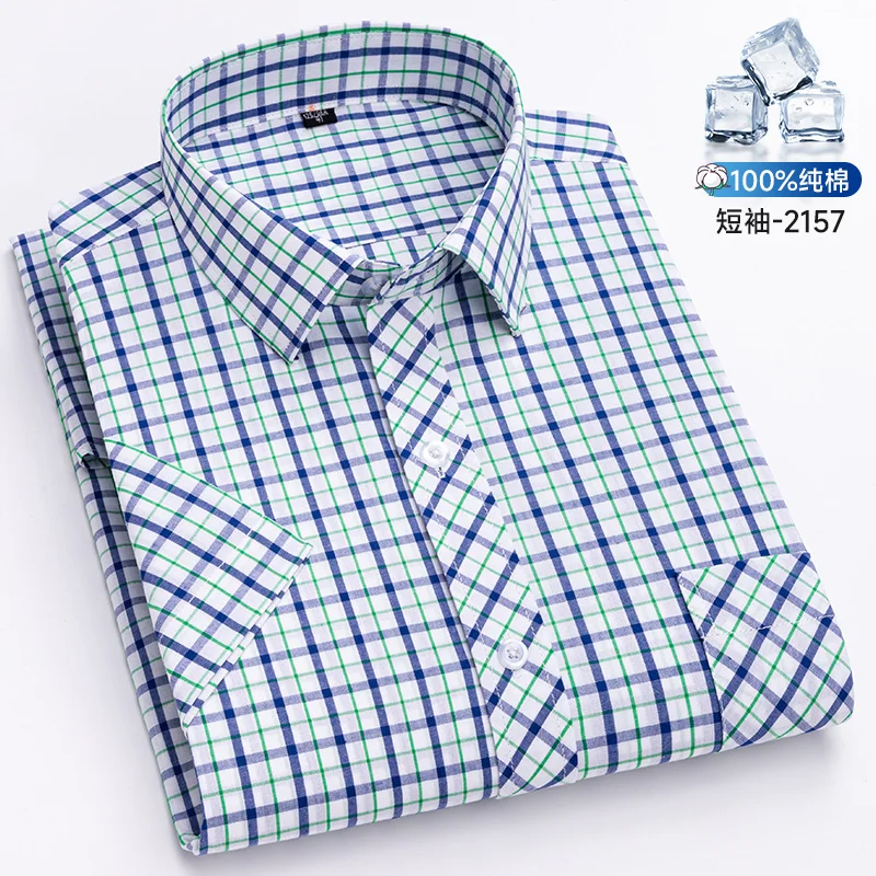 2025 New In Mens Summer Slim Fit Cotton Short Sleeve Plaid Thin Checkered Pure Male Casual Social Shirts Men's Clothing Blouses