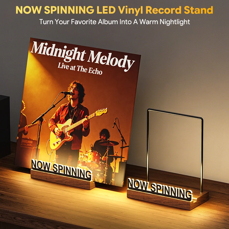 Now Spinning Vinyl Record Stand with Warm White LED, Light-Up Vinyl Display Holder for LP Albums, Fingerprint-Resistant Black Ac