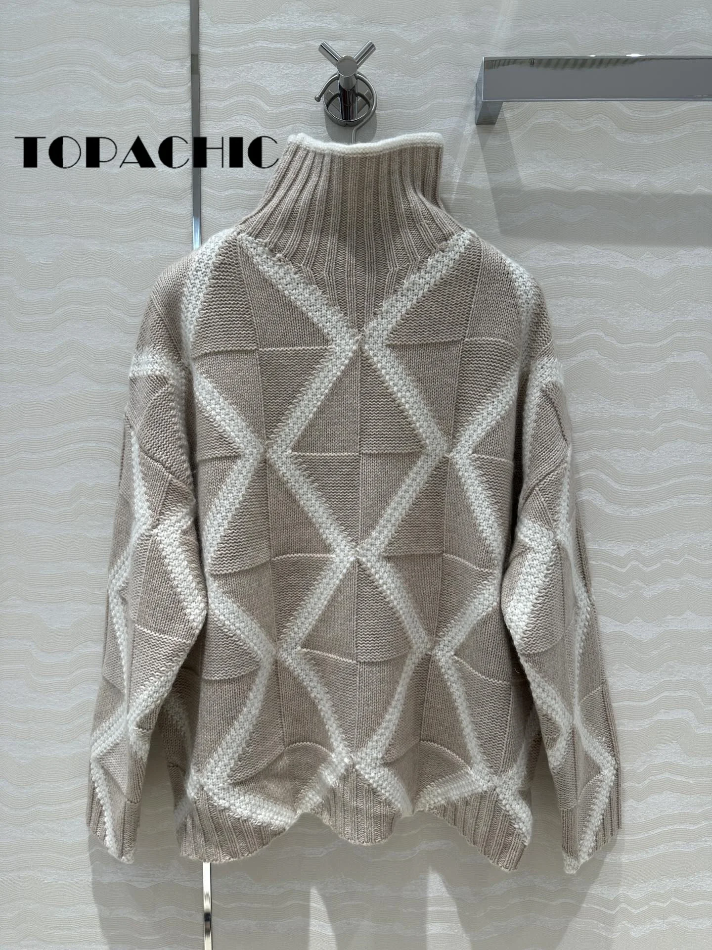 7.23 TOPACHIC Classic Contrast Color Argyle Plaid Jacquard Weave Pullover Jumpers Turtleneck 100% Cashmere Knit Sweater