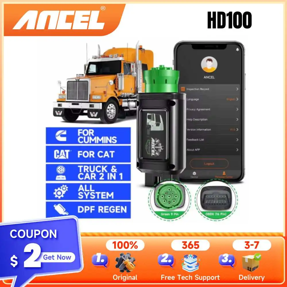 

Сверхмощный сканер ANCEL HD100 со сбросом DPF и принудительным регеном, диагностический инструмент для всех систем дизельных сканеров для Cummins Detroit