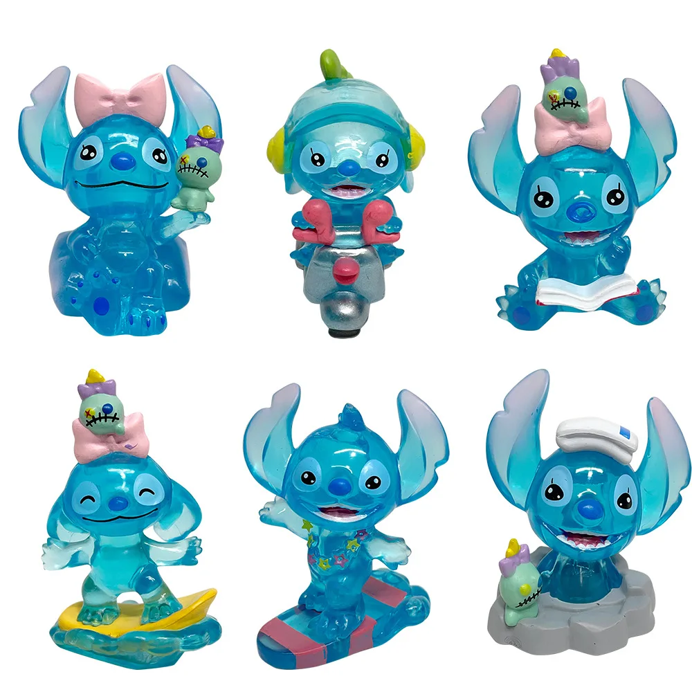 Juego de 6 uds de caja ciega Lilo Stitch, figura de acción de punto de cristal transparente de 7cm, modelo de juguete de PVC de Anime