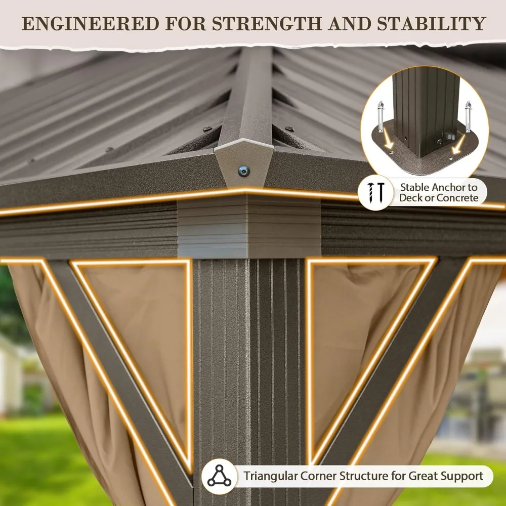 

Беседка с твердым верхом 12x14, двойная крыша из оцинкованной стали с алюминиевой рамой, уличный павильон с сеткой и шторами
