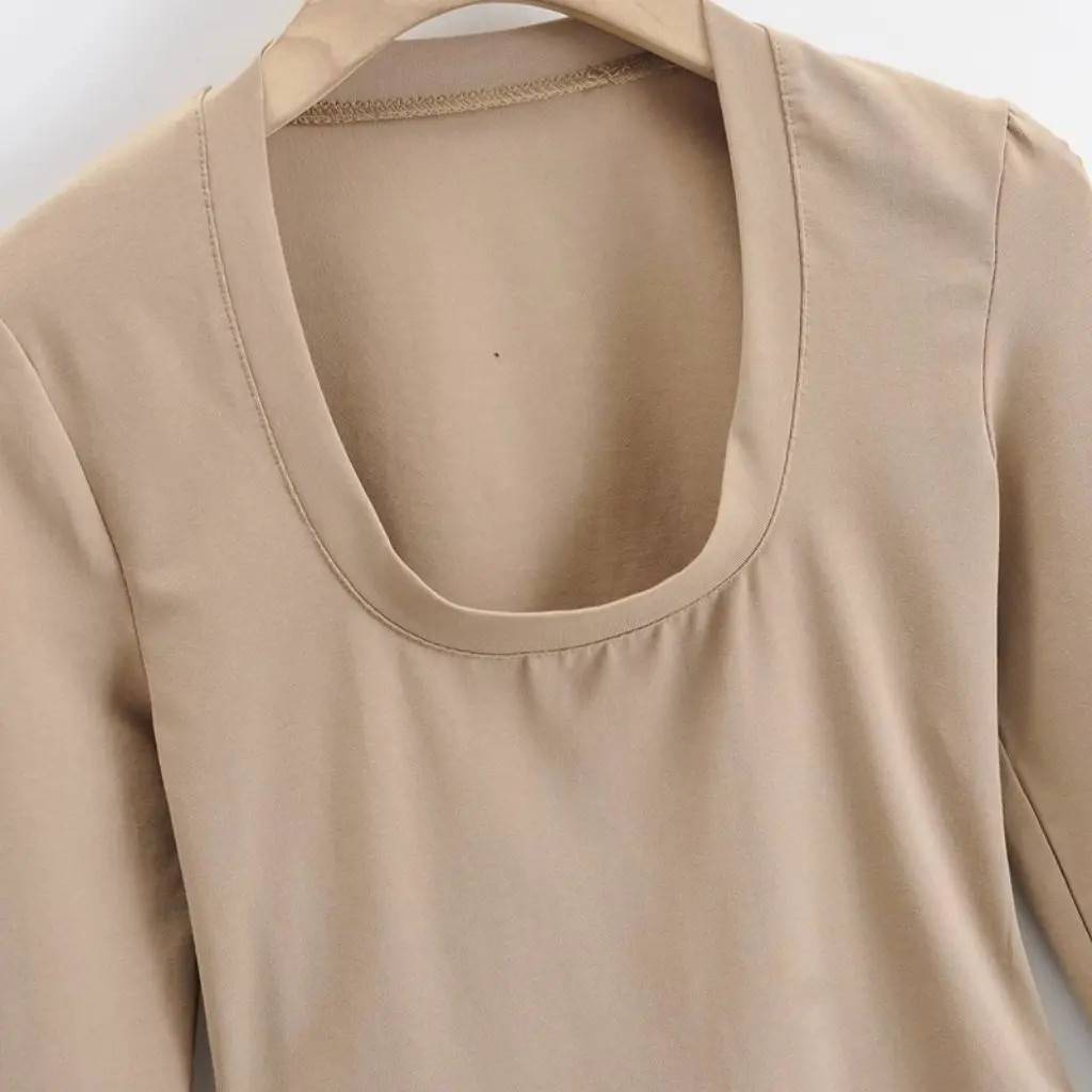 

Women's U-neck Long Sleeve T-shirt Slim Fit High Waist Short Base Coat European American Fashion Spring New