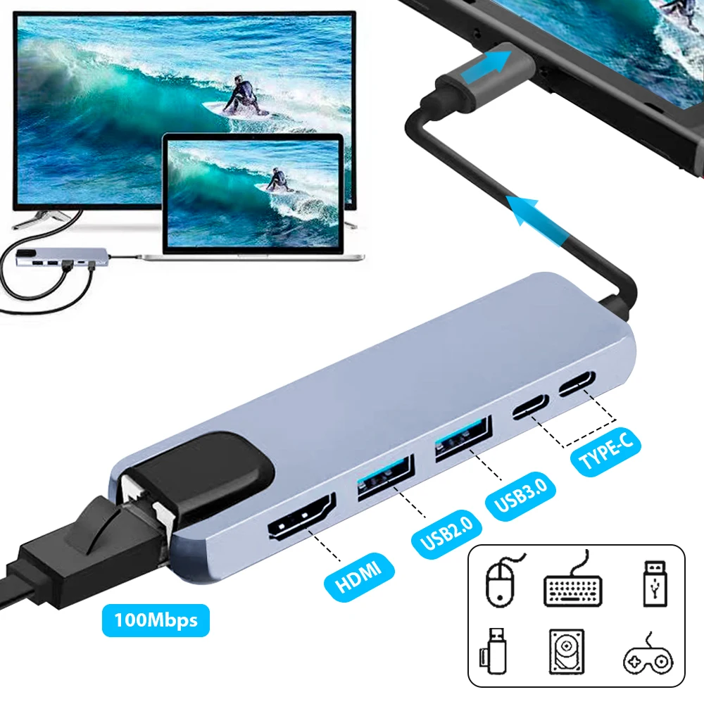 

Док-станция 6 в 1, многопортовый Ethernet-концентратор RJ45, USB Type-C, поддержка 65 Вт, док-станция для обратной зарядки C, высокая передача