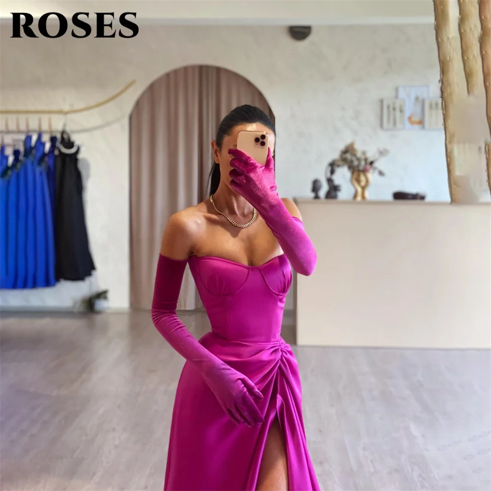 ROSES Side Split Evening Dresses Fuchsia Sweetheart Stain Charming Prom Dress A Line Custom Size Party Dresses vestidos de noche