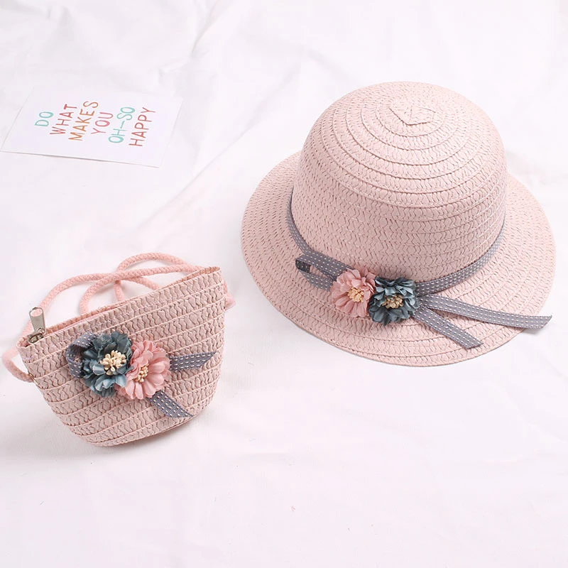 Sombrero de paja con bolso de mano para bebé, sombrero de playa transpirable con flores, bolsas para niños, visera para el sol, protección UV,