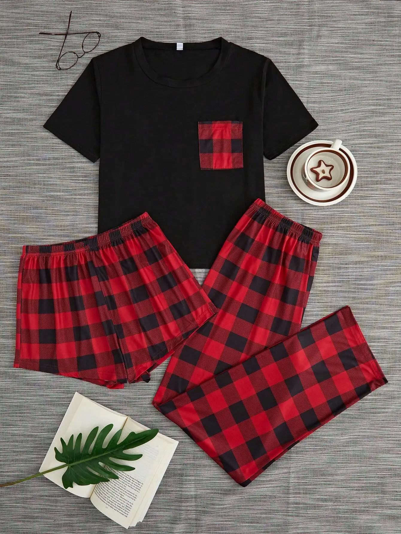 

Women's Red Black Plaid Pajama Set with Pocket Tee and Matching Shorts & Pants