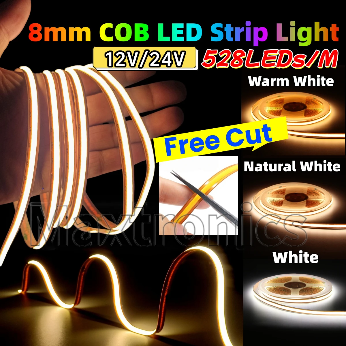 5M/roll Free Cut COB LED Strip Light 528LEDs/M 8MM PCB Width Warm/Natural White/Cool White Linear Lighting 12/24V Flexible Tape
