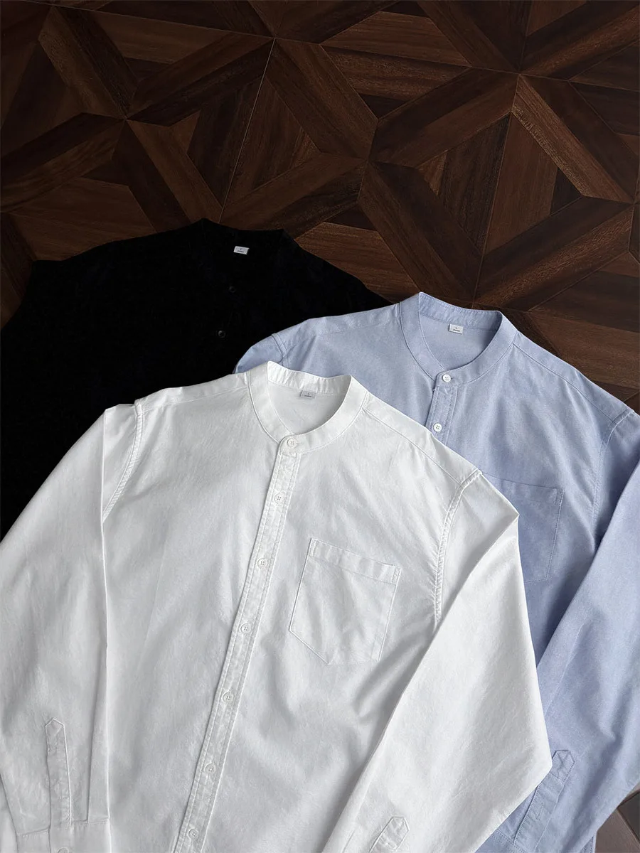 

Ретро японский Sle Long Sve irt мужской весенне-осенний элитный однотонный воротник-стойка тяжелый модный универсальный irt