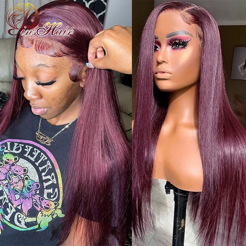 

Straight Burgundy Lace Front Human Hair Wigs 13X6 Lace Frontal Wig Human Hair Pre Plucked for Women 99J Remy Human Hair 180%