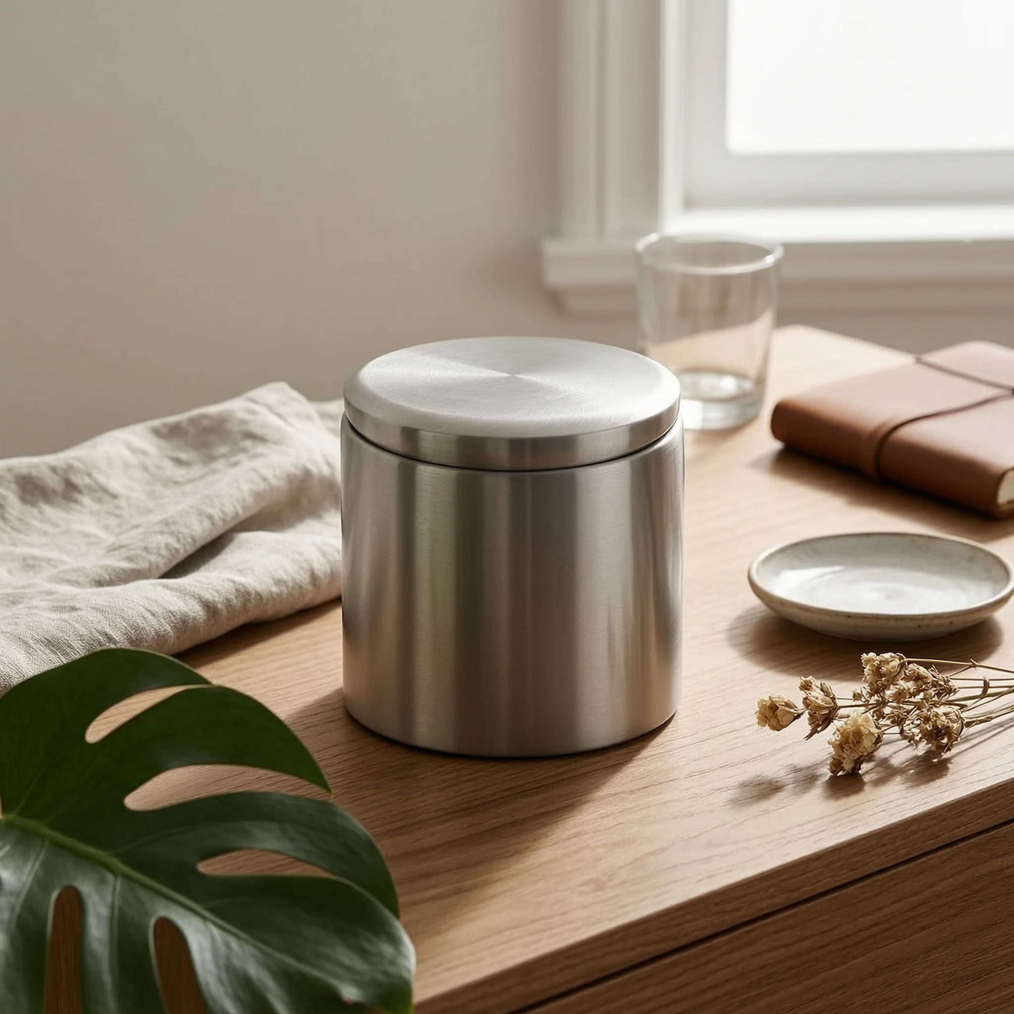 Brushed Steel Trash Can 1.5 L Desktop Bin Wastebasket Compact