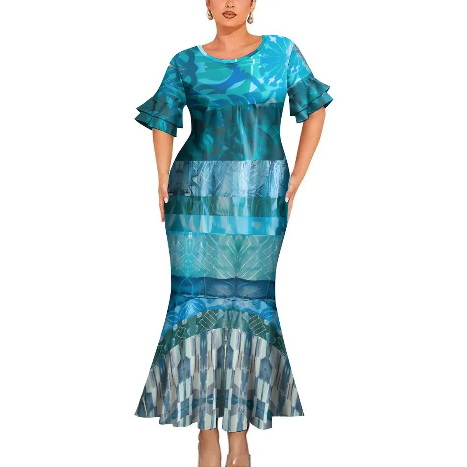 Polynesian Party Banquet Ladies Fishtail Dress Tribal Ethnic Style Custom Wholesale Casual Crew-Neck Double-Sleeved Dress